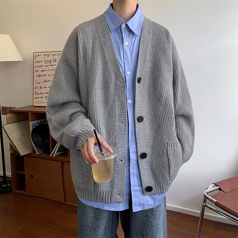 秋季开衫毛衣 D5589-TP5588 港风慵懒V领简约宽松针织衫男图片