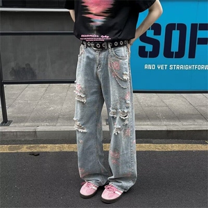 美式高街破洞牛仔裤男女韩版潮流百搭2025夏季ins长裤RK2914-P49图片