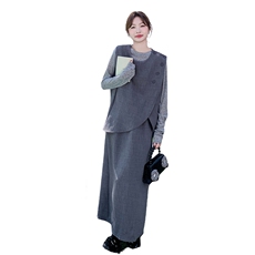 现货2D078-T1905-P185K268打底衫+马甲+半裙真3件套，女装套装/套裙，2D078