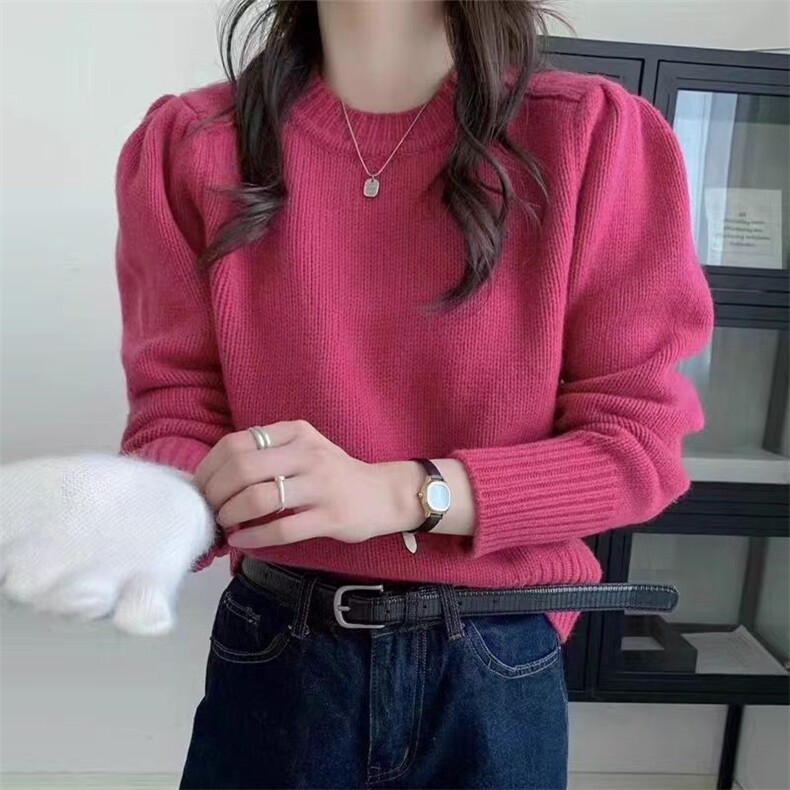 高品质~秋季新款衫女毛衣泡泡袖宽松收腰显瘦针织打底羊毛衫，女装羊毛衫，旭驰羊绒