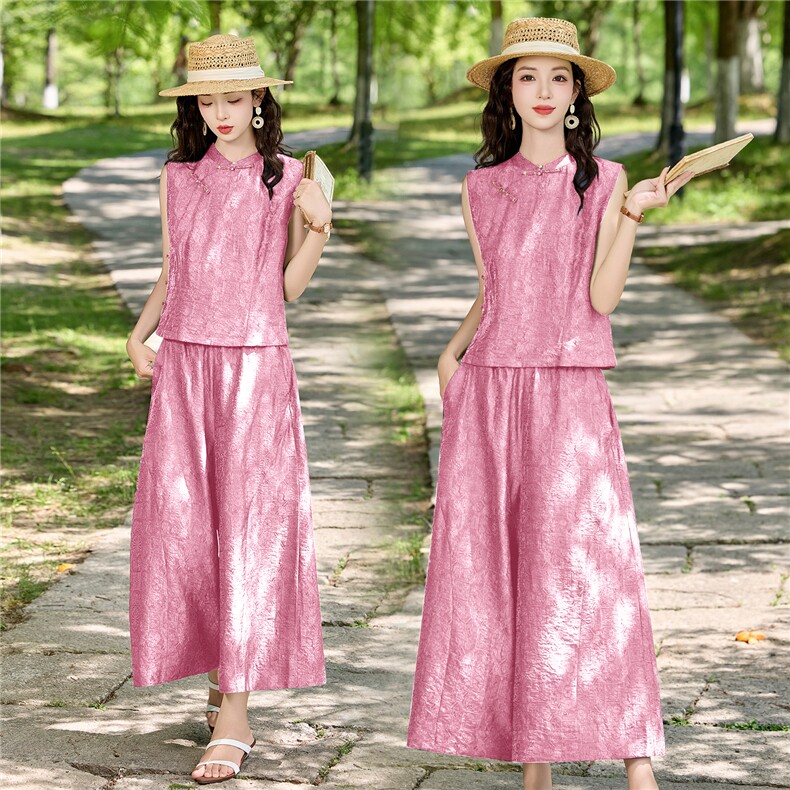 现货2026夏季新中式老钱风提花新款套装两件套,女装套装/套裙,伊仟回