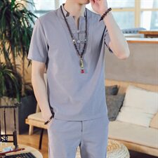DY21*夏季2021男士棉麻短袖T恤套装长裤两件套装男藏青*P55，男装T恤，星座1516（原B303）