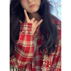 复古珍珠字母格纹衬衫长袖春夏休闲男女同款防晒外套衬衣 CY86图片