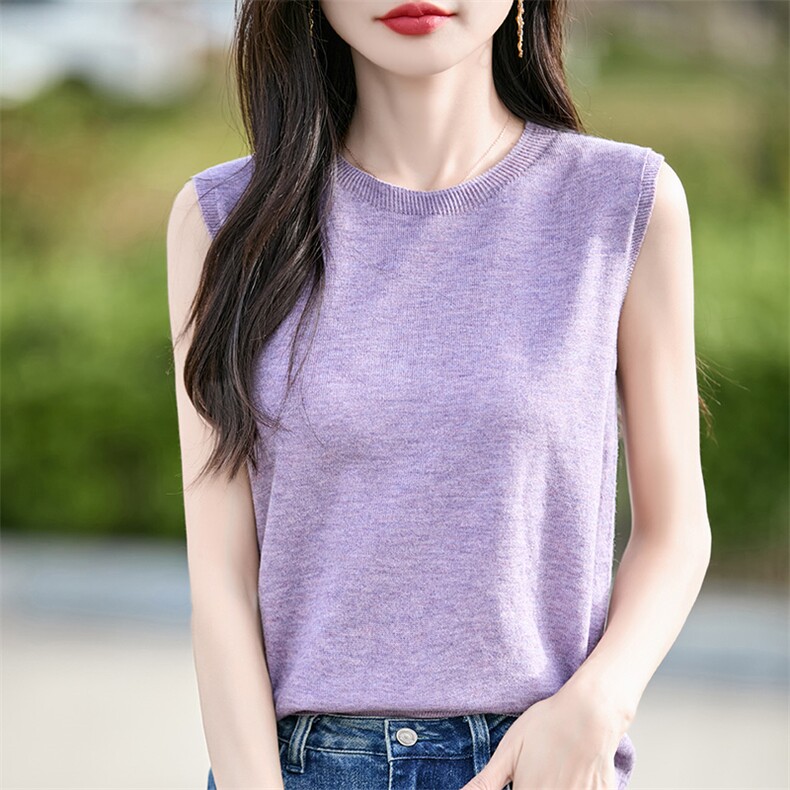春款修身显瘦百搭时尚圆领女士纯色气质无袖上衣,女装T恤,佰米娇羊绒