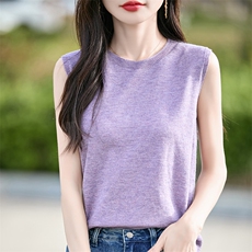 春款修身显瘦百搭时尚圆领女士纯色气质无袖上衣，女装T恤，佰米娇羊绒