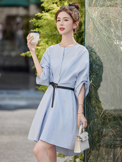 2025年夏季新款度假系列双腰带甜美纯棉韩系休闲感衬衫连衣裙短裙，女装连衣裙，米莱