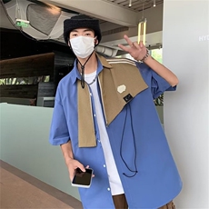 2023港风文艺纯色衬衫男春夏宽松潮流五分袖衬衣短袖T恤，男装衬衫，星座716-3