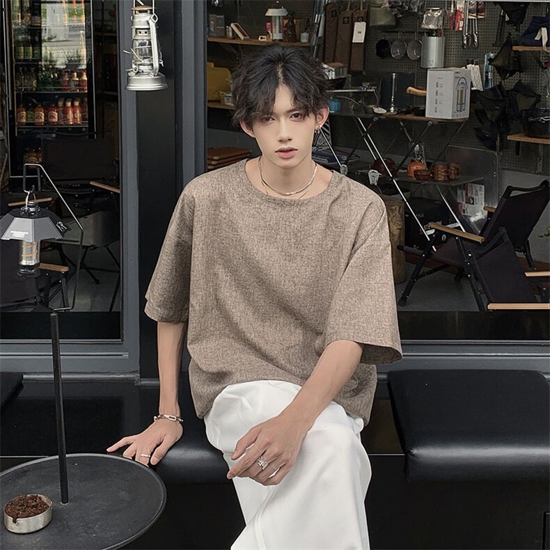 现货夏季纯色亚麻潮宽松新中式大码棉麻短袖男MT08-特P25控48,男装T恤,星座205-5