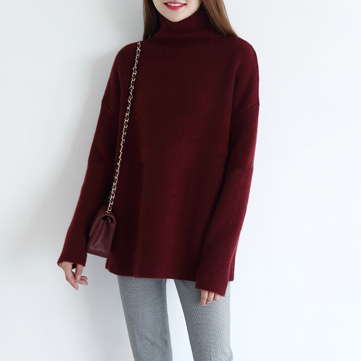 时尚慵懒风宽松纯色半高领长袖短款毛衣休闲女装，女装针织衫/毛衣，美莎羊绒