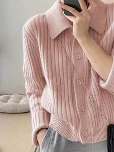 法式Polo领羊绒针织开衫女宽松毛衣厚打底外套纯色上衣图片