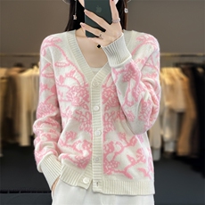 清仓】青花瓷女开衫外套20244秋提花V领毛衣女短款针织开衫羊绒衫，女装羊绒衫，鹿一羊绒