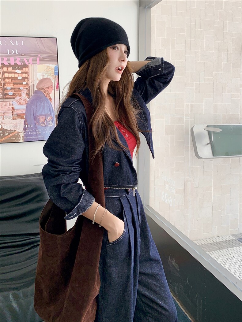 (新款现货）2026春装活性牛仔面料肩章可脱卸两件套拉链连体裤,女装连体裤,印象茜