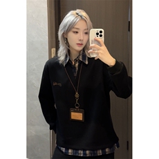 学院风假两件卫衣格纹撞色男女情侣上衣外套WY3658-特P38加绒P40，女装短外套，电商B295