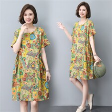 长期现货，碎花棉麻连衣裙女夏季2023新款复古高端宽松大码潮，女装连衣裙，涵誉