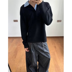 春秋潮牌假两件衬衫领卫衣男女宽松休闲百搭情侣打底上衣 TE68图片