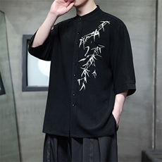 现货！24夏季新款竹叶刺绣立领中式盘扣开衫上衣T29-P65-控88，男装T恤，电商A021
