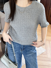 纯棉夏季新款圆领麻花短袖女时尚百搭上衣显瘦针织打底衫，女装针织衫/毛衣，洁纯羊绒