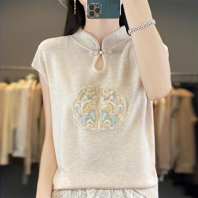 春夏刺绣盘扣立领修身无袖针织衫背心上衣薄新中式国风短袖T恤女，女装背心吊带，朝贺羊绒