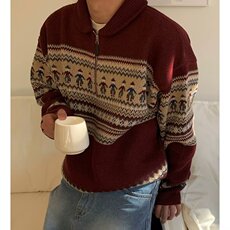冬季新年印第安复古条纹毛衣男女宽松慵懒风小众红色针织衫外套男，男装针织衫/毛衣，星座506A