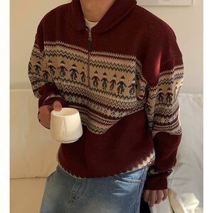 冬季新年印第安复古条纹毛衣男女宽松慵懒风小众红色针织衫外套男图片
