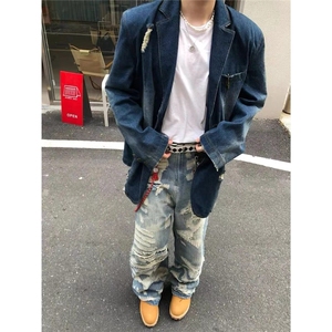 2025美式复古做旧拼接破洞牛仔裤男女高街宽松cleanfit休闲直筒裤图片