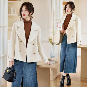 米白色大翻领双面羊绒大衣女2025秋冬新款小个子气质西装毛呢外套，女装毛呢外套，丝露怡语