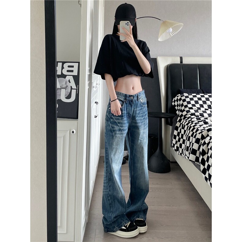 美式vibe水洗闪电裂纹牛仔裤女高腰显瘦微喇拖地裤子LT08144-P45,男装牛仔裤,星座1008