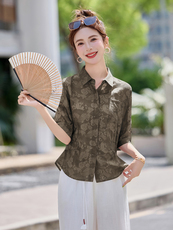时尚大码女2025夏季高级感妈妈装天丝衬衫超好看宽松遮肉印花上衣，女装衬衫，余墨
