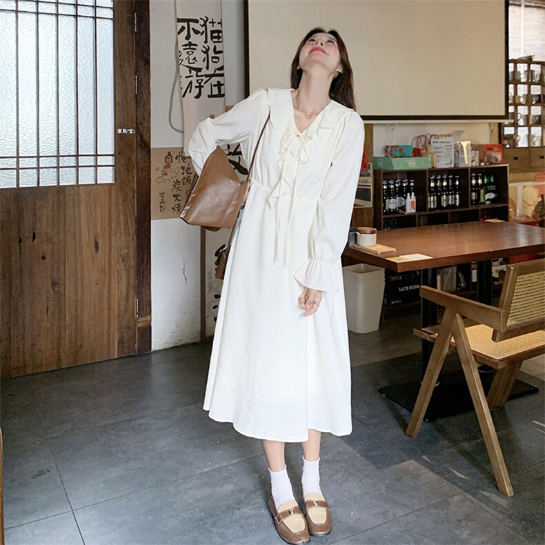 白色甜美荷叶边拼接连衣裙女2025春季新慵懒风时尚气质宽松长裙子图片