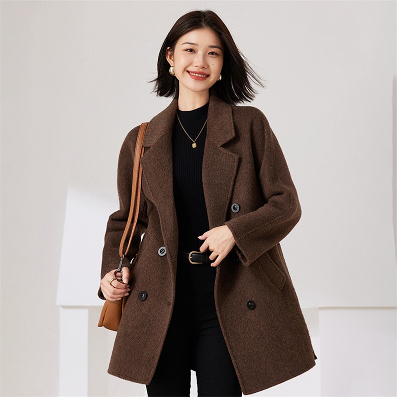 中短款双排扣2024年秋冬季新款针织羊毛双面呢大衣女士,女装双面呢大衣,织美生