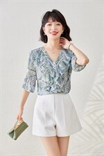 1099#绿色、蓝色，M-XXL，花雪纺衬衣，高品质。，其它，束索