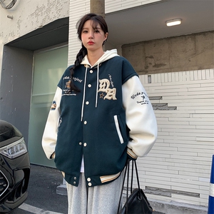 美式复古棒球服棉服外套学生女秋冬高街连帽情侣夹克insC354-110