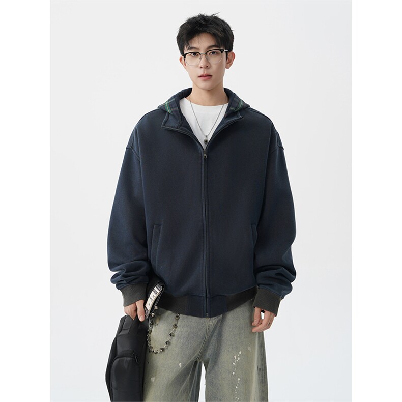 美式做旧假两件连帽卫衣男秋季潮牌拉链拼接格子开衫外套WY20P78，女装短外套，电商D206-1