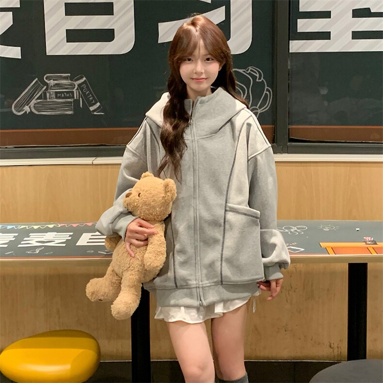 抖音得物高品质秋冬美式高街重磅结构辑明线纹理连帽卫衣外套W111,女装短外套,电商A486-1