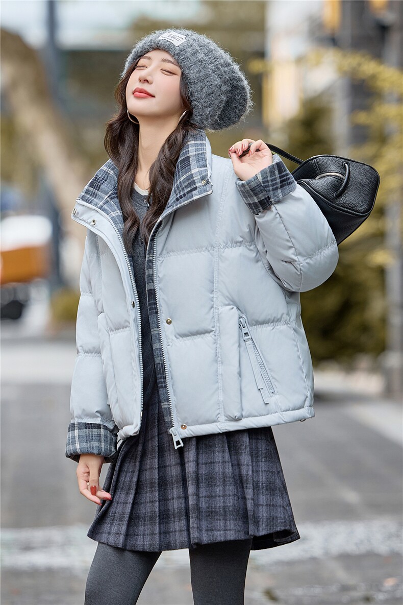 bao款现货2025冬装新款简约时尚格纹拼接立领羽绒服小个子外套,女装羽绒服,难舍钰依