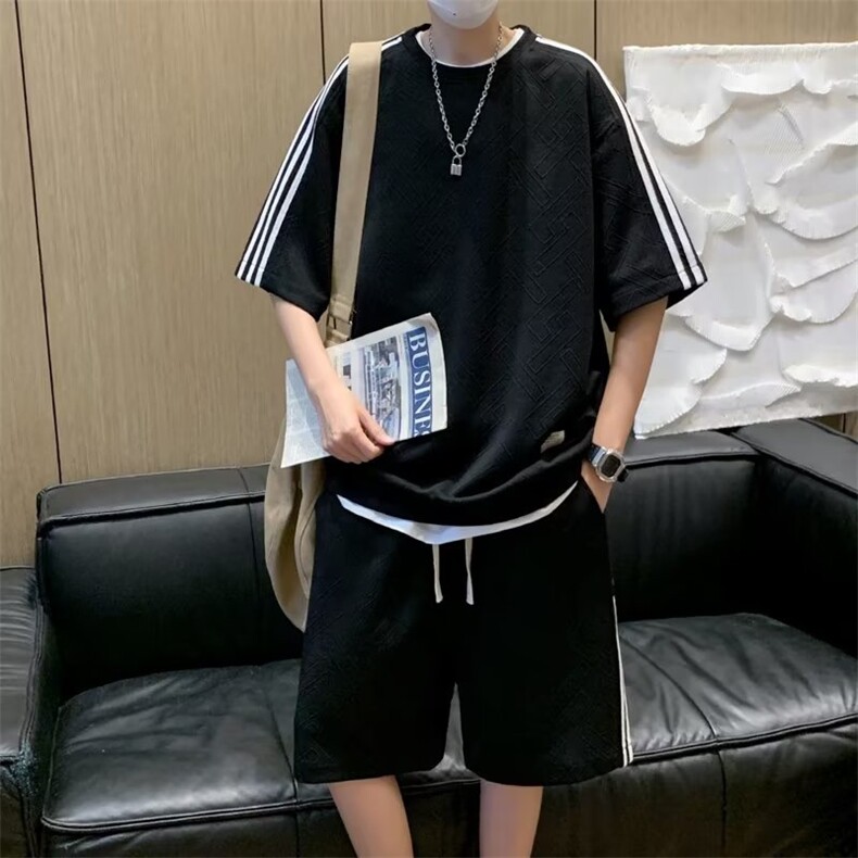 运动套装男韩版潮流条纹拼色2023夏季新款ins短裤两件套W4783-P41,男装休闲套装,星座412-2