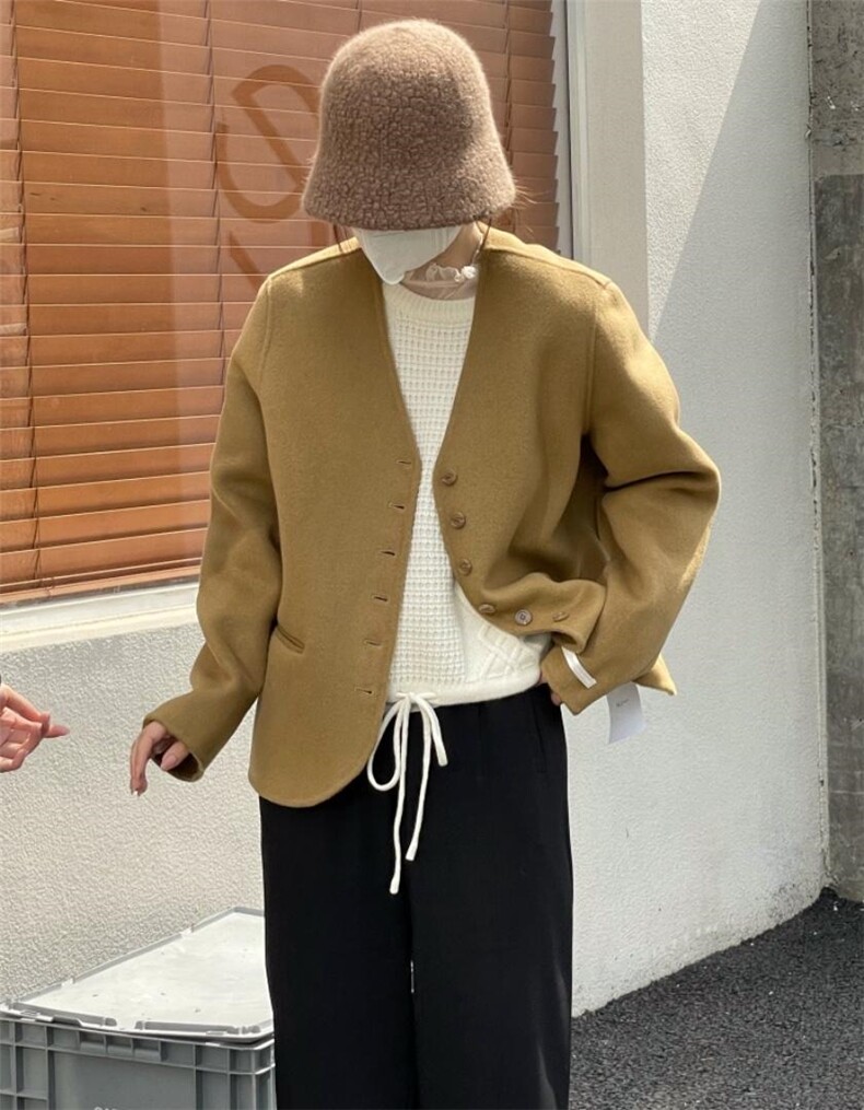 秋冬新款短款小v领排扣韩系简约羊绒大衣，其它，HJ