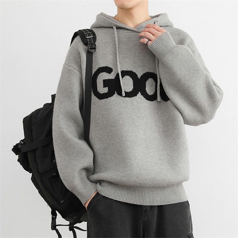 港风复古套头针织帽衫男GOOD连帽毛衣潮牌秋冬慵懒风情侣外套,男装针织衫/毛衣,星座914