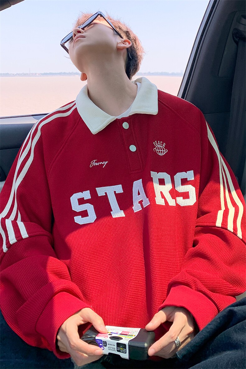 美式复古Polo领卫衣大码秋季重磅刺绣条纹上衣撞色外套WY5113/P65,女装短外套,电商B238