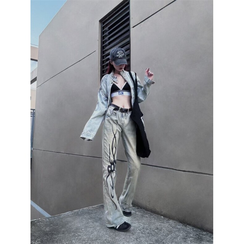 【有货】美式高街黄泥色牛仔裤男女火焰残影直筒裤子NZ05HH-特P58,男装牛仔裤,星座1007（原301D）