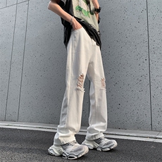 破洞牛仔裤新款美式夏季薄款宽松休闲微喇裤，男装牛仔裤，星座410-6（原星座1304-1）