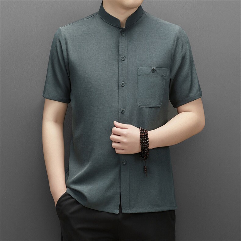 风短袖衬衫男立领薄款上衣夏季中年男士休闲衬衣爸爸中山装,男装T恤,电商B212（原钱塘6029）