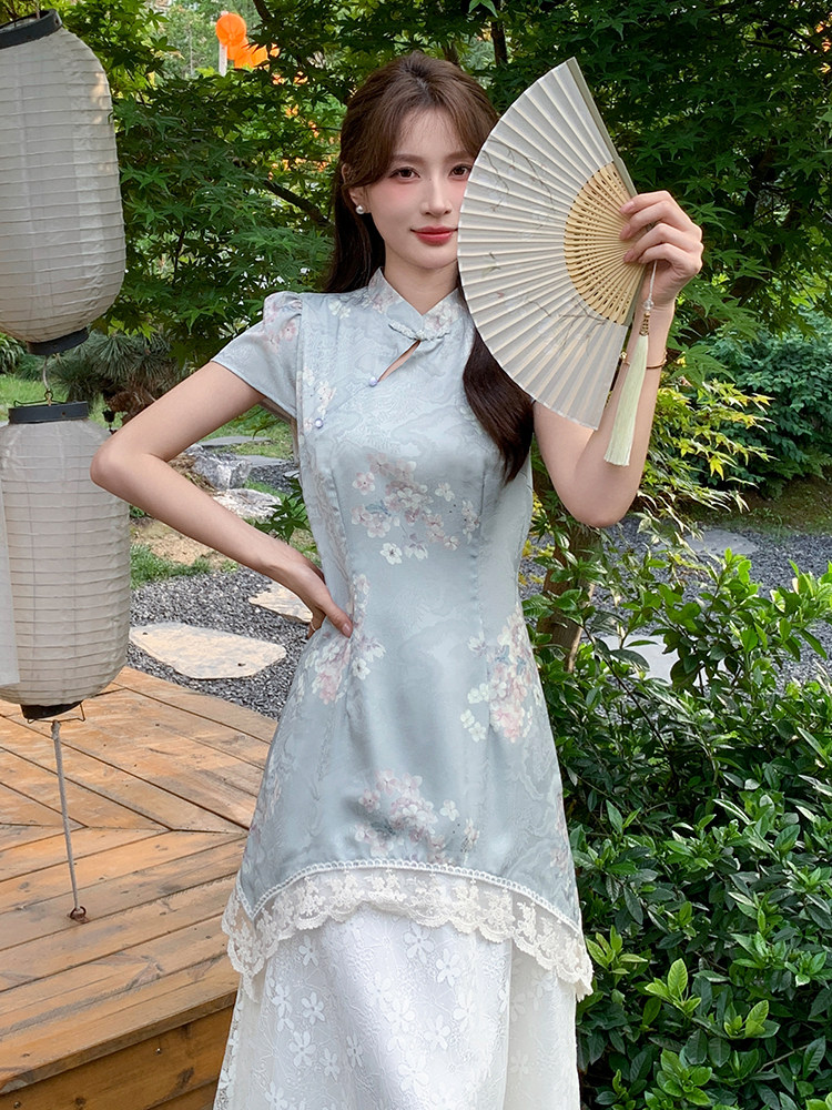 2025新中式国风改良印花短袖连衣裙子超好看修身假两件长裙子LXJ,女装连衣裙,玖莱伊