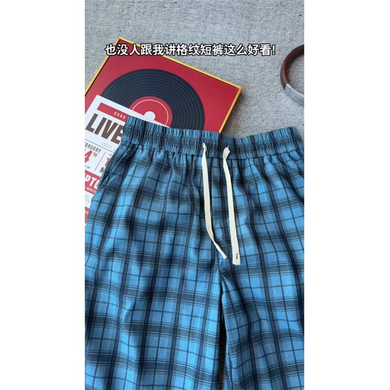 现货！美式复古撞色蓝色格子短裤格纹夏季-EX50975-特批20,男装牛仔裤,电商A061