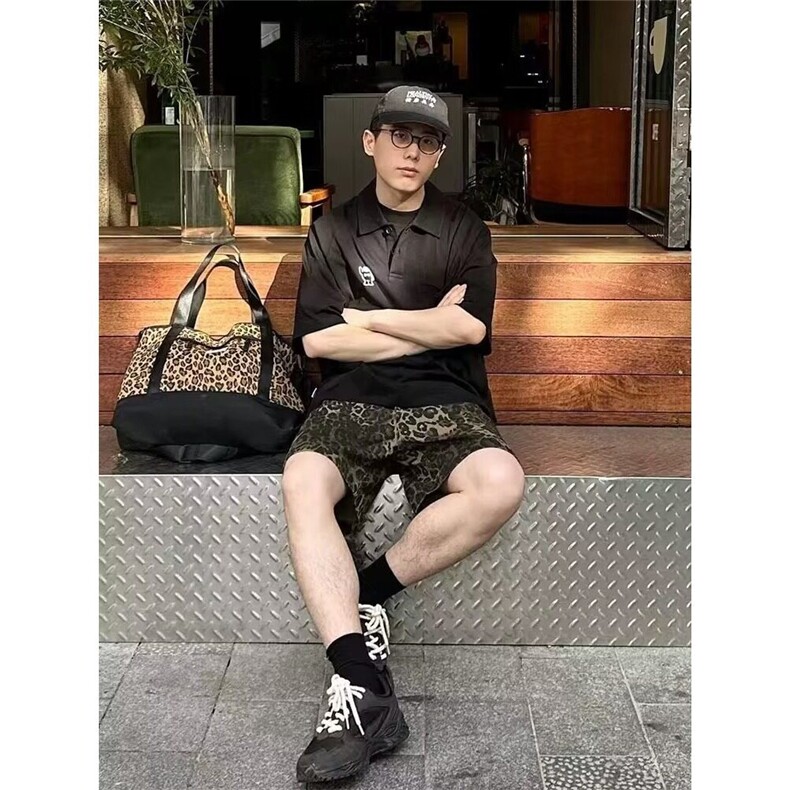 CP1191-P44豹纹牛仔短裤男士夏季2025新款美式小众设计感五分裤,男装牛仔裤,电商B323A
