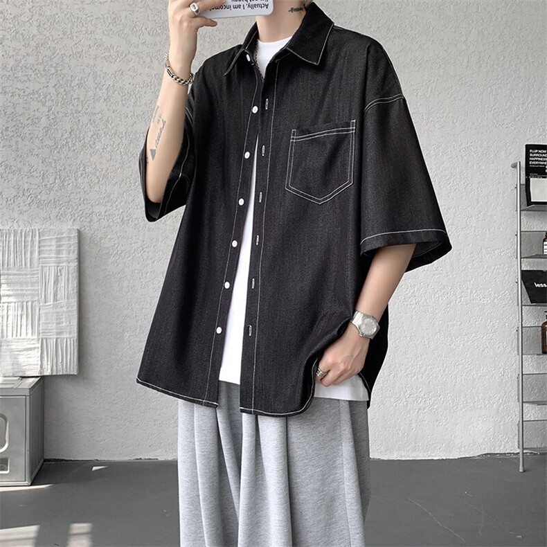 8XL-M冰丝牛仔短袖衬衫男款夏季薄款宽松慵懒衬衣外套DC28006P60,男装T恤,电商B312
