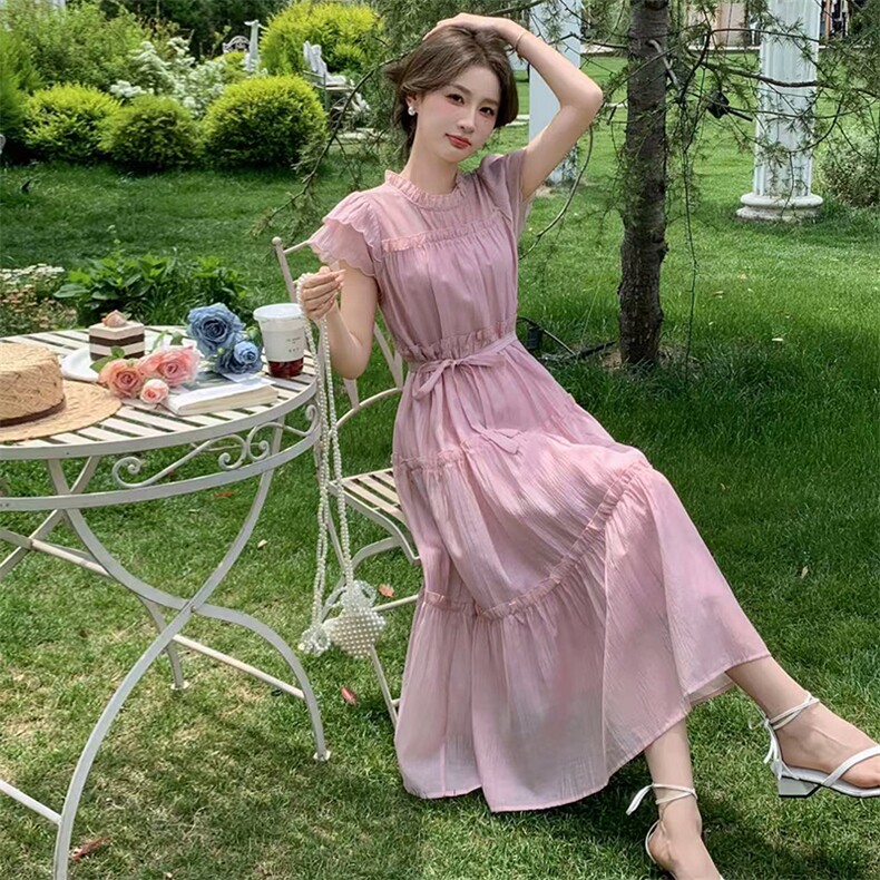 连衣裙女马卡龙色粉蓝黄2025夏季新款冰丝雪纺高级感减龄裙子,女装连衣裙,玖莱伊