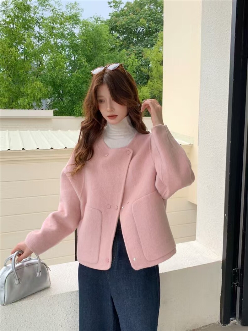 上新韩系短款双面羊毛大衣外套，女装羊绒大衣，依嘟服饰