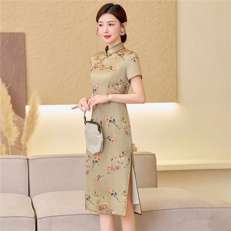 杭州品质真丝中长裙复古印花连衣裙女春夏日常修身潮流真丝旗袍,女装汉服/婚纱/旗袍/礼服,小荷流