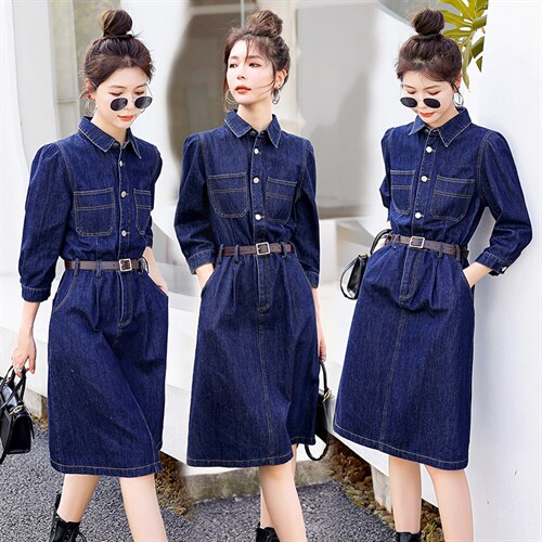 时尚显瘦牛仔连衣裙女长袖气质修身百搭新款春装裙子,女装连衣裙,秋水欣儿